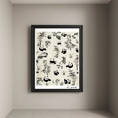 Abstract Painting with Black and White Pandas Bamboo Black Frame Hanging on Light Wall Background 3d model