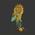 Teal And Brown Vase With Sunflowers And Fallen Petals On Gray Background