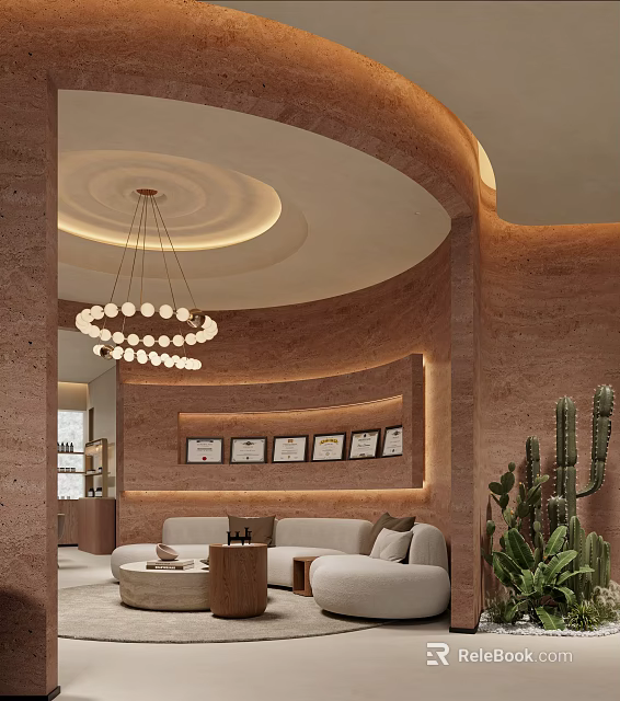 Elegant Clubhouse Interior Featuring Circular Ceiling Round Bulb Chandelier Sandstone Walls And Beige Sofas 3d model 