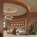 Elegant Clubhouse Interior Featuring Circular Ceiling Round Bulb Chandelier Sandstone Walls And Beige Sofas