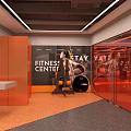 Modern Fitness Reception Desk With Orange Wall Neon Lighting And Computer Setup