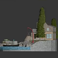 Cartoon Scene With Cozy Small House Lush Green Trees Blue Stream Boat Grass And Rocks