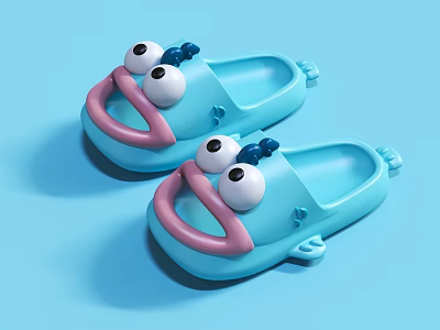 Cute Blue Kids Slippers With Cartoon Eyes And Pink Mouth Design 3d model