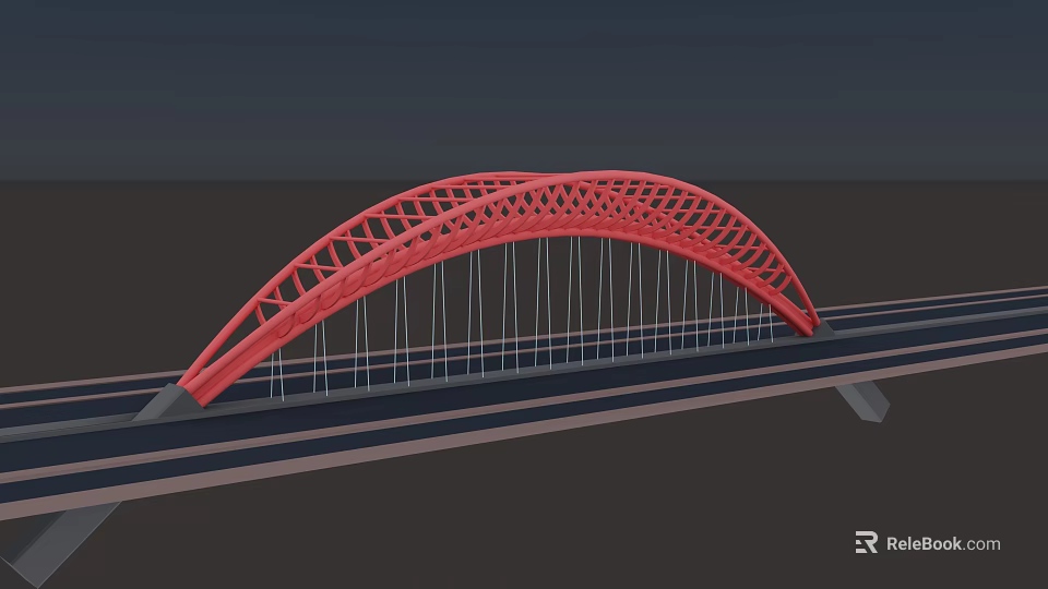 Red Arch Bridge With Intricate Lattice Design And Suspension Cables Over Road 3d model 