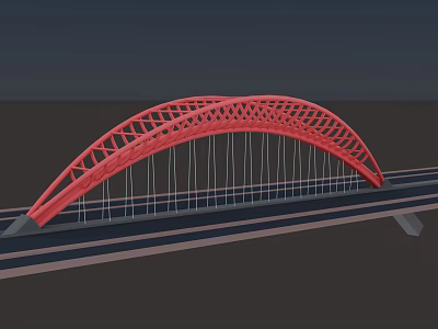 Red Arch Bridge With Intricate Lattice Design And Suspension Cables Over Road 3d model