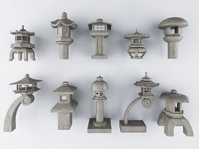 Outdoor Stone Lanterns With Traditional Japanese Designs Various Shapes For Garden Yard Decor 3d model