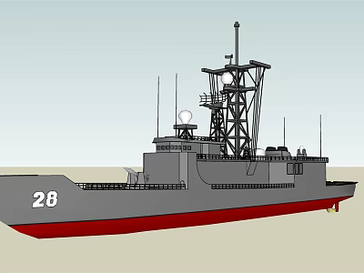 Gray Warship Number 28 With Red Bottom Tall Mast And Antennas 3d model