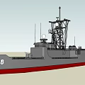 Gray Warship Number 28 With Red Bottom Tall Mast And Antennas