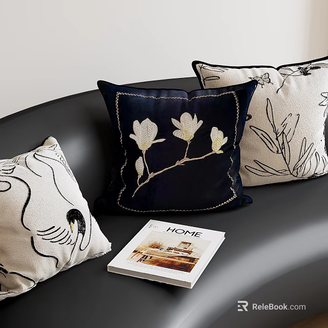 Elegant Decorative Embroidered Pillows With Swan Magnolia Flower And Leaf Designs 3d model 