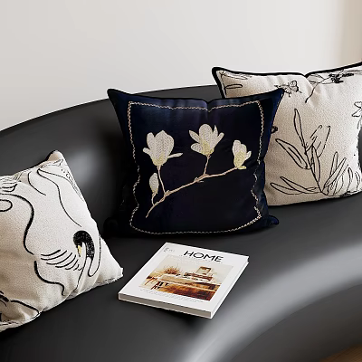 Elegant Decorative Embroidered Pillows With Swan Magnolia Flower And Leaf Designs 3d model