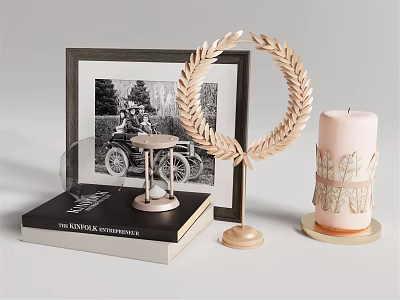 Elegant Decorative Ornament Set Including Framed Photo Laurel Wreath Hourglass Candle Book for Home Decor 3d model