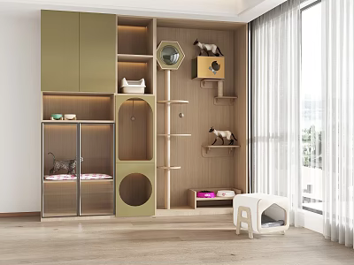 Green Wooden Pet Storage Cabinet Shelf With Glass Door Cat Tree And Dog Bed 3d model