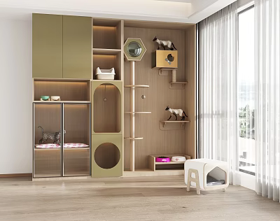 Green Wooden Pet Storage Cabinet Shelf With Glass Door Cat Tree And Dog Bed 3d model