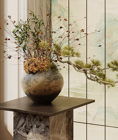 Elegant Bonsai Potted Plant With Lush Greenery In Ceramic Pot On Wooden Table Interior Decor 3d model