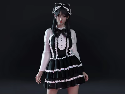 Woman in Black and White Maid Costume with Long Black Hair and White Lace Details 3d model