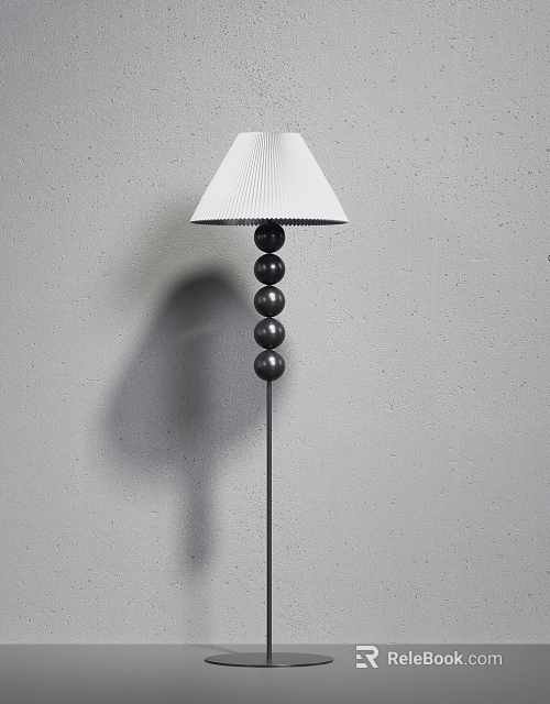 Modern Floor Lamp With White Pleated Shade And Black Spherical Pole On Gray Wall 3d model 
