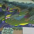 Scenic Park Pathway With Lush Trees Purple Flower Beds And People Walking Near Red Structures