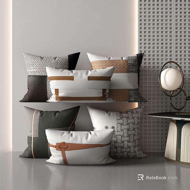 Stylish Throw Pillows Featuring Leather Straps and Mixed Patterns in Modern Interior 3d model 