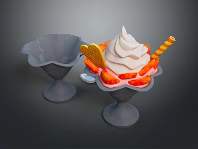 Delicious Ice Cream Dessert With Whipped Cream Strawberries Waffle And Decorative Stick 3d model