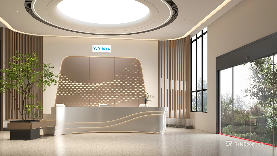 Modern AVIVA Reception Desk With Curved Design Lighting Large Windows And Green Plants 3d model 