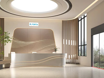 Modern AVIVA Reception Desk With Curved Design Lighting Large Windows And Green Plants 3d model