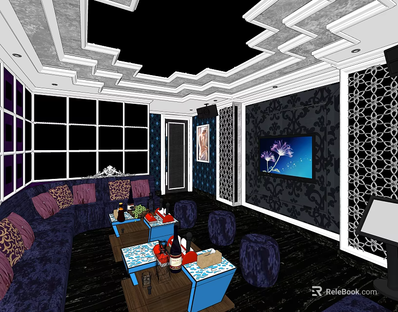 Modern KTV Lounge Interior Design With Dark Sofas Coffee Tables TV Screen And Decorative Walls 3d model 