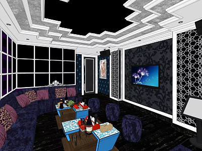 Modern KTV Lounge Interior Design With Dark Sofas Coffee Tables TV Screen And Decorative Walls 3d model