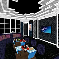 Modern KTV Lounge Interior Design With Dark Sofas Coffee Tables TV Screen And Decorative Walls