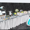 Elegant Tableware Set Display On Long Table With Robots Desserts Drinks And Flower Bouquet 3d model