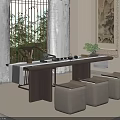 Traditional Tea Room Interior With Tea Table Tea Sets Stools Window Natural View And Decorative Painting
