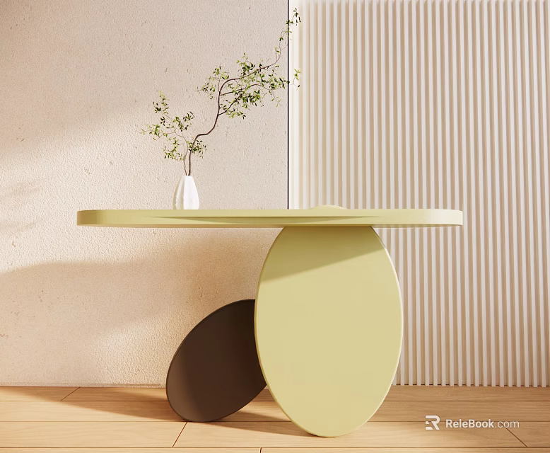 Light Green Round Console Table With Curved Supports White Vase Plant And Vertical Striped Wall 3d model 