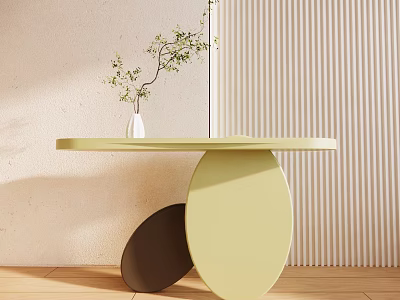 Light Green Round Console Table With Curved Supports White Vase Plant And Vertical Striped Wall 3d model