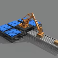 Industrial Equipment Robotic Arm With Conveyor Belt Handling Packages On Blue Pallets
