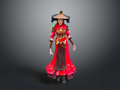 Woman in Traditional Red and Brown Costume with Decorative Hat and Ornaments 3d model