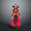 Woman in Traditional Red and Brown Costume with Decorative Hat and Ornaments