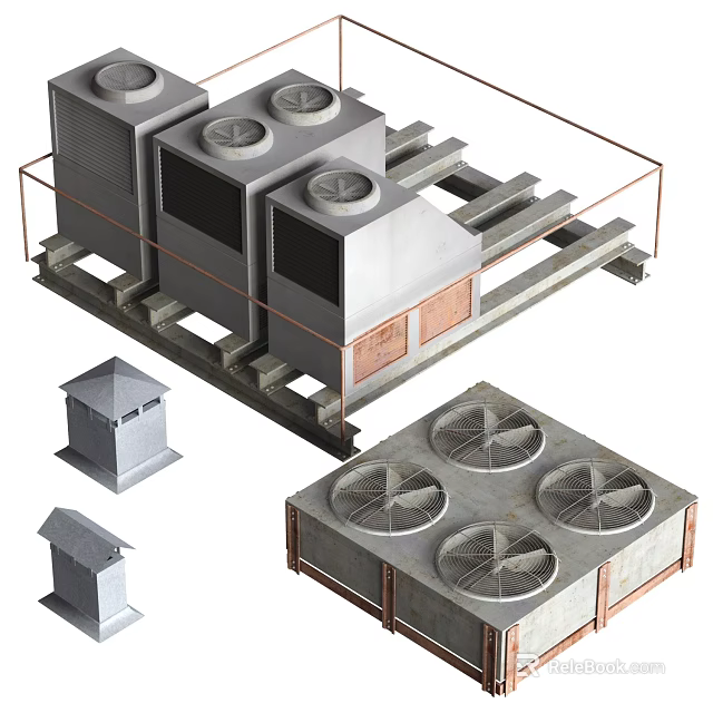 Industrial Equipment With Multiple Fans And Metal Frame Support Structures 3d model 