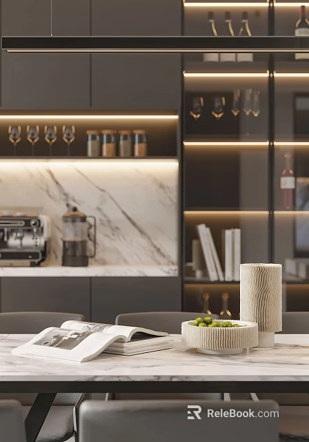 Modern Elegant Dining Living Room Interior With Marble Backsplash Coffee Machine Wine Glasses And Books 3d model 