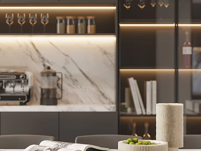 Modern Elegant Dining Living Room Interior With Marble Backsplash Coffee Machine Wine Glasses And Books 3d model