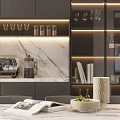 Modern Elegant Dining Living Room Interior With Marble Backsplash Coffee Machine Wine Glasses And Books