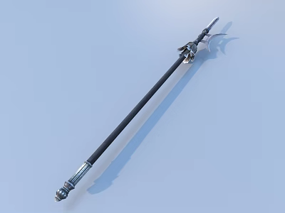 Exquisite Spear With Black Long Shaft Silver Metal Spearhead And Base On Light Blue Background 3d model