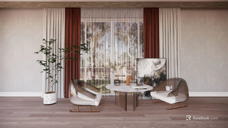 Elegant Modern Interior With Table And Chairs Large Window Curtains Plant Artwork And Wooden Floor 3d model 