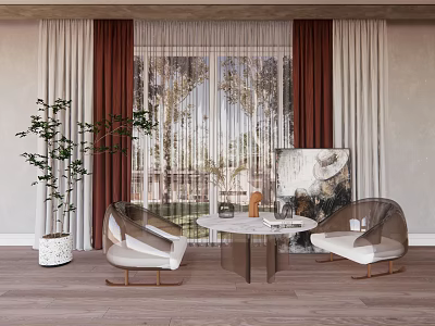 Elegant Modern Interior With Table And Chairs Large Window Curtains Plant Artwork And Wooden Floor 3d model