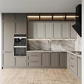 Modern Kitchen Interior With Grey Cabinets Marble Wall Black Range Hood And Built In Oven