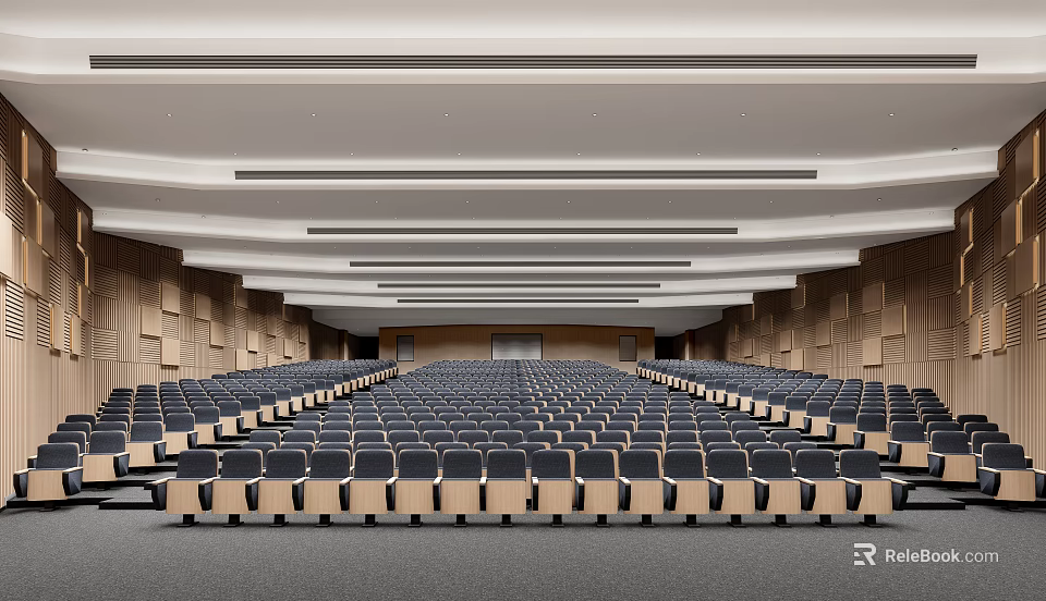 Large Conference Room Interior With Rows of Seats Wooden Walls and Modern Ceiling Design 3d model 