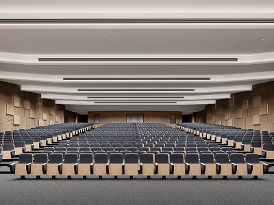 Large Conference Room Interior With Rows of Seats Wooden Walls and Modern Ceiling Design 3d model