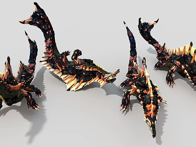 Four Dragon Like Creatures as Game Movie Characters with Black Orange Flame Textures and Poses 3d model
