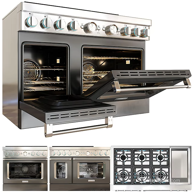Stainless Steel Double Oven Kitchen Appliances With Open Doors And Various Styles 3d model 