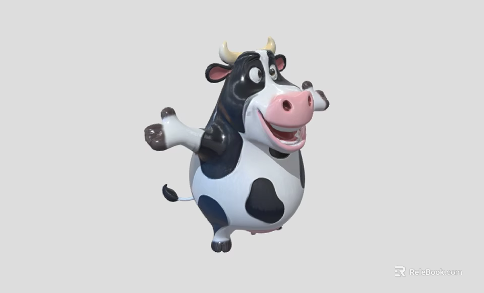 Cartoon Style Black And White Cow Sculpture With Yellow Horns Outstretched Arms And Cheerful Expression 3d model 