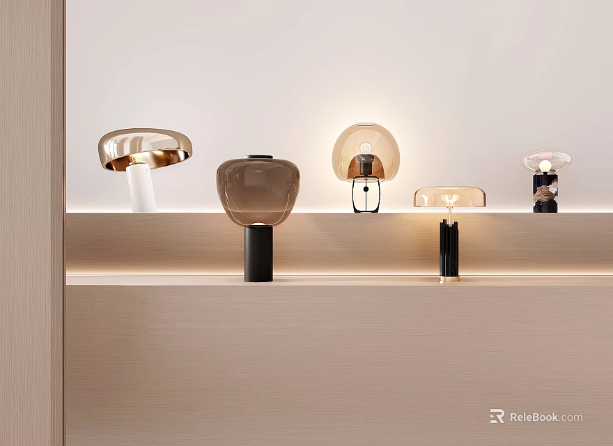 Various Modern Table Lamps With Unique Designs Display On Wooden Shelf For Home Decor 3d model 