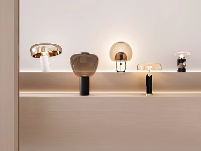 Various Modern Table Lamps With Unique Designs Display On Wooden Shelf For Home Decor 3d model